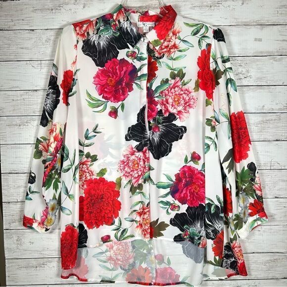 Lena Gabrielle Flare Swing High Low  Red White Floral Oversized Tunic Blouse L - Picture 1 of 8